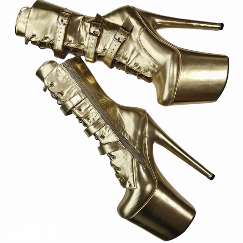 Gold genuine leather ankle - mid calf boots with buckles