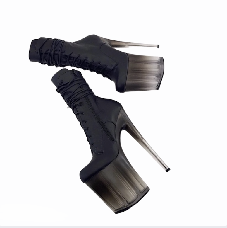 Black leather smoky ombre translucent platform ankle - mid calf boots