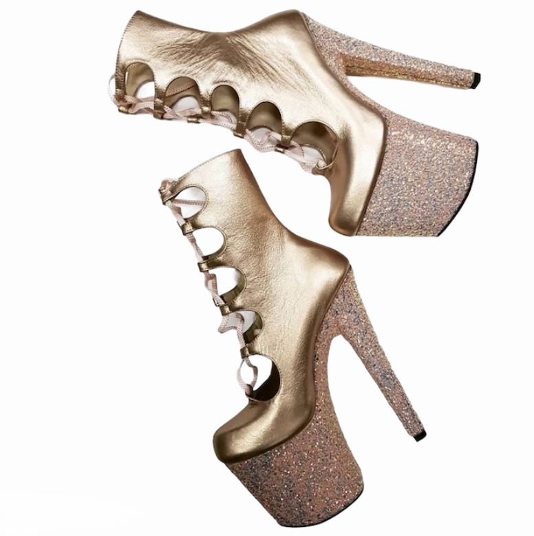 Gladiator rose gold leather glitter platform ankle - mid calf boots