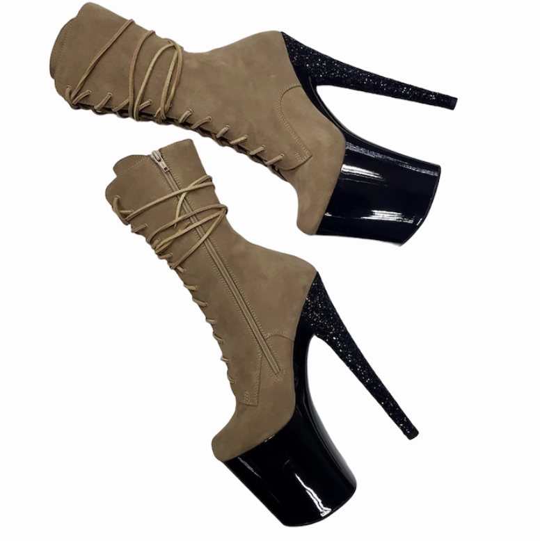 Nude suede glitter heel ankle - mid calf high boots