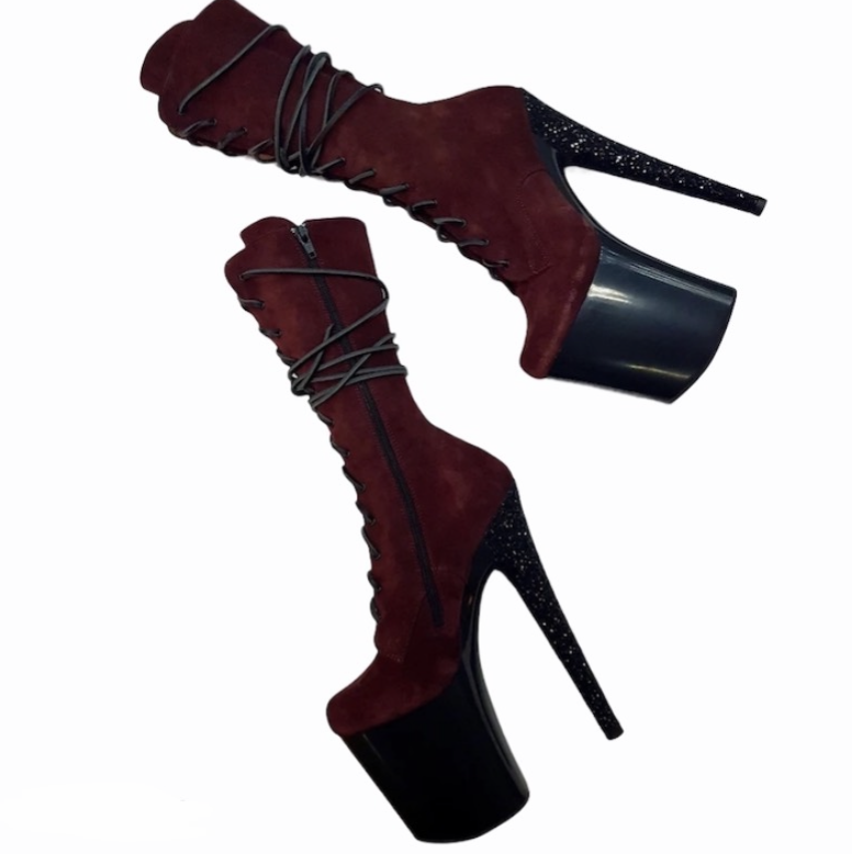 Wine suede glitter heel ankle mid calf high boots – heels N thrills