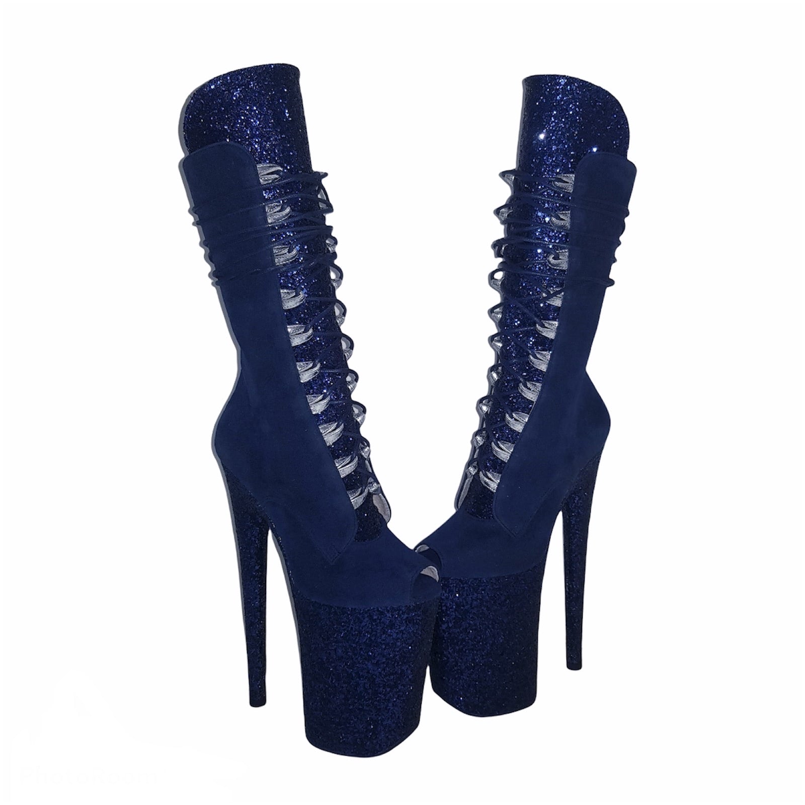 Navy blue vegan suede glitter platform ankle mid calf boots(more