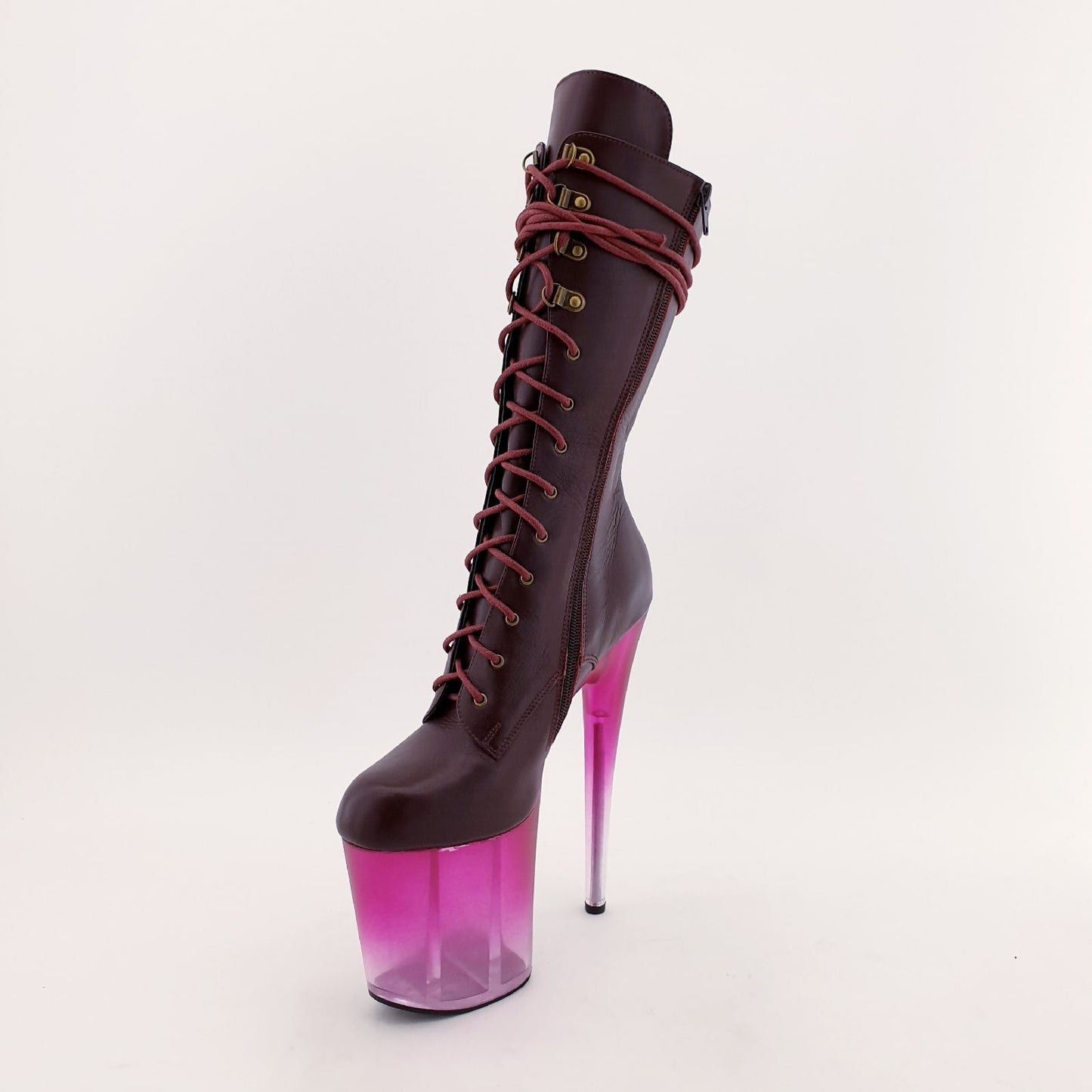 Burgundy leather fuchsia ombre translucent platform ankle - mid calf boots