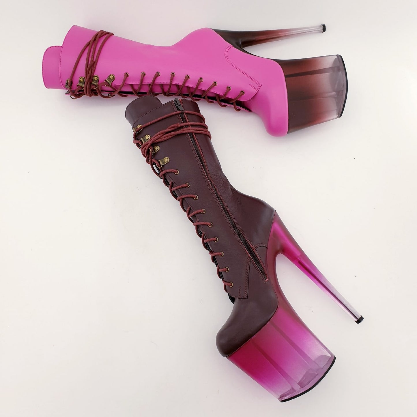 Fuchsia and Burgundy genuine leather ombre translucent platform mismatched ankle - mid calf boots