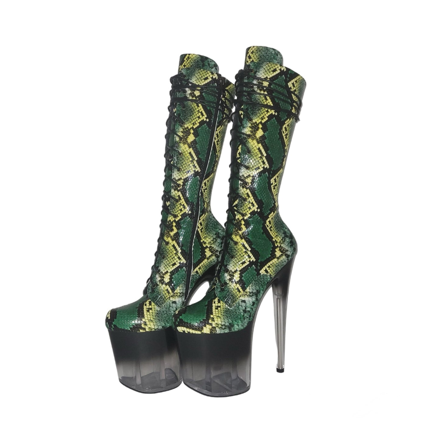 Green snakeskin vegan leather smoky ombre translucent platform ankle - mid calf boots