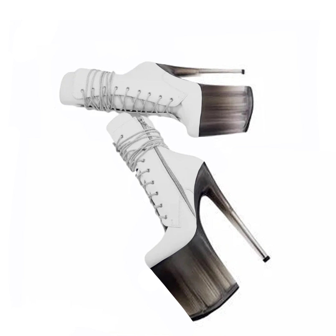 White leather smoky ombre translucent platform ankle - mid calf boots
