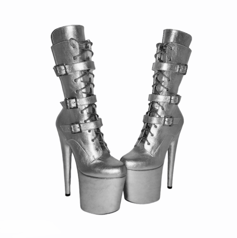 Silver genuine leather strappy ankle - mid calf boots