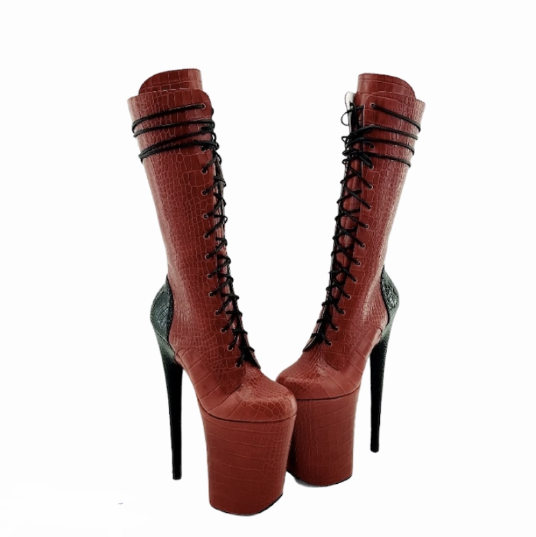 Red and black croc-embossed genuine leather ankle-mid calf boots
