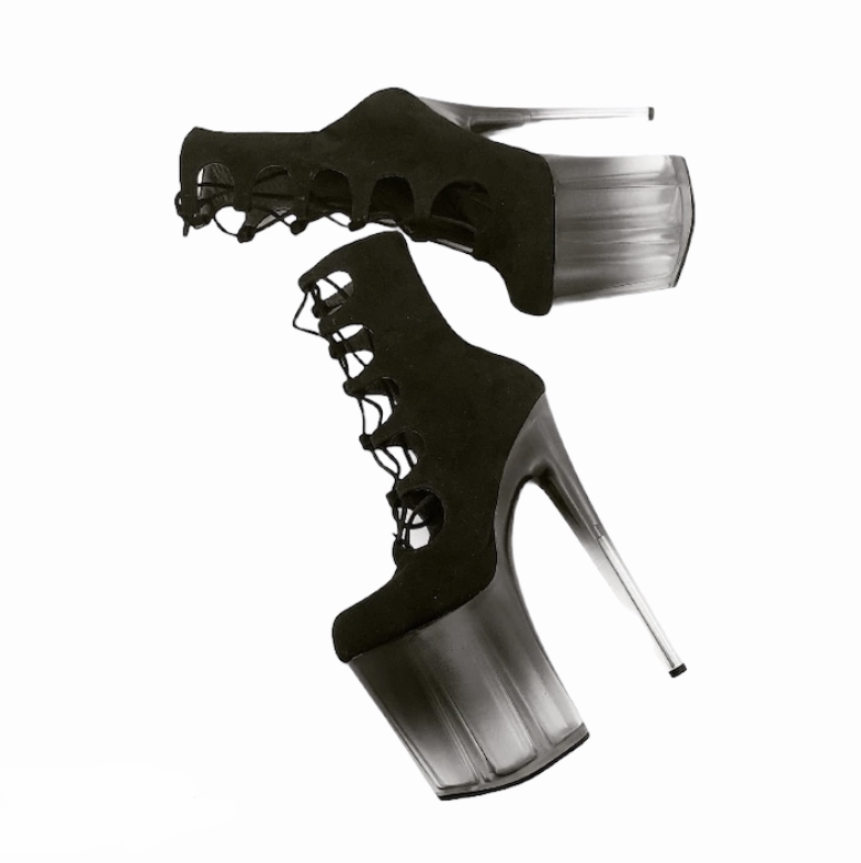 Black vegan suede smoky ombre translucent platform gladiator ankle - mid calf boots