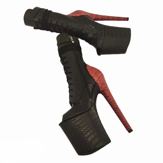 Black and red croc-embossed vegan leather ankle-mid calf boots