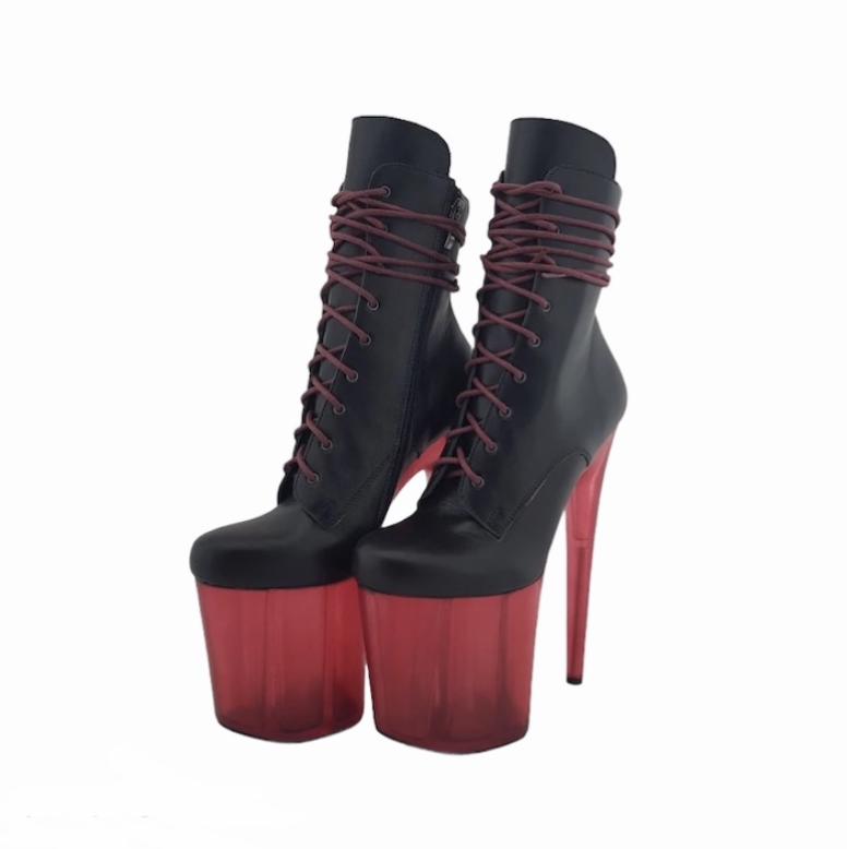 Black genuine leather ruby red translucent platform ankle - mid calf boots