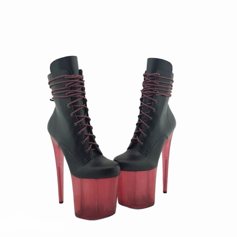 Black genuine leather ruby red translucent platform ankle - mid calf boots