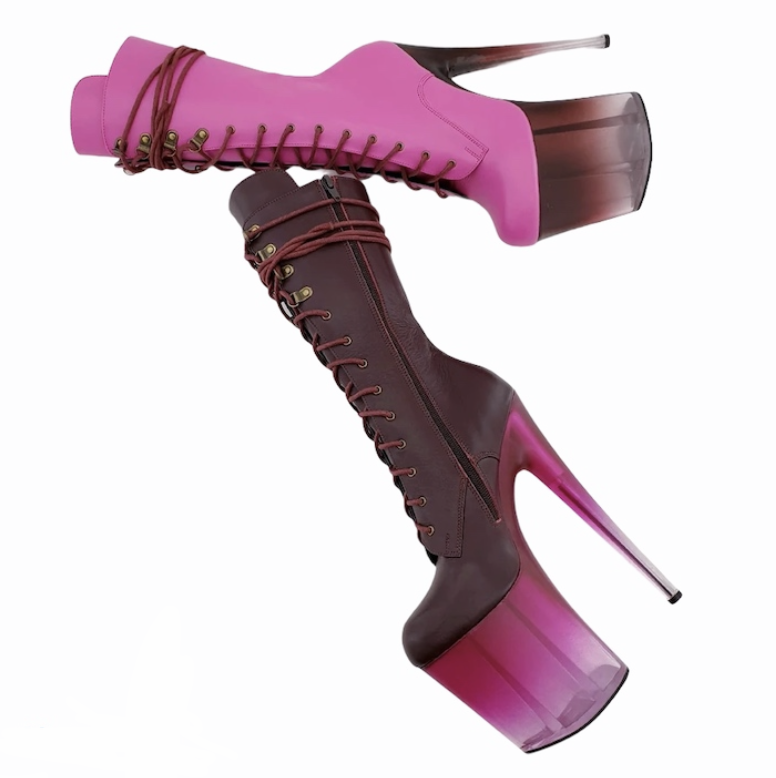 Fuchsia and Burgundy genuine leather ombre translucent platform mismatched ankle - mid calf boots
