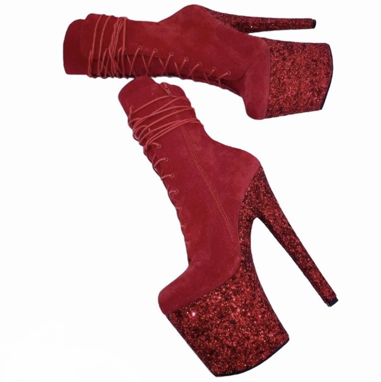 Red genuine suede glitter platform ankle - mid calf boots