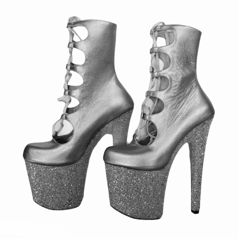 Gladiator silver leather glitter platform ankle - mid calf boots