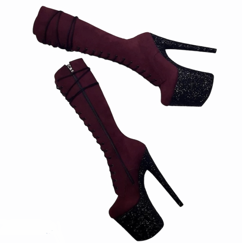 Burgundy vegan nubuck glitter platform knee high boots (more colors are available)