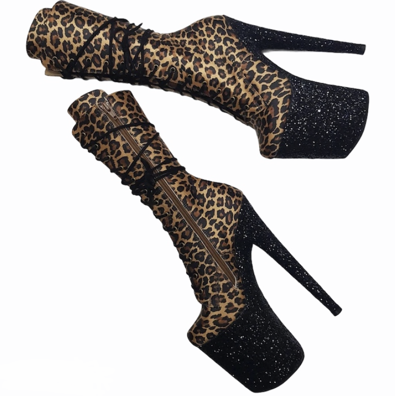 Cheetah print vegan satin black glitter platform ankle- mid calf boots