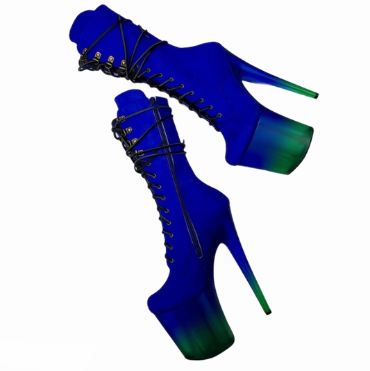 Royal blue vegan suede two-tone translucent platform ankle mid-calf boots