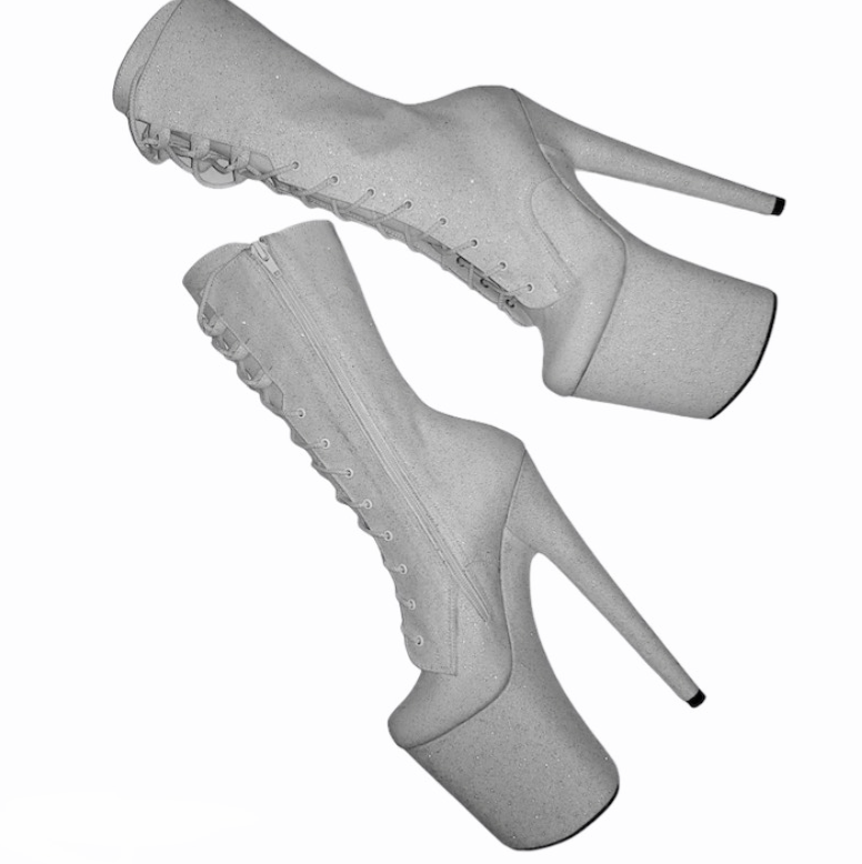White fine glitter fabric ankle - mid calf boots