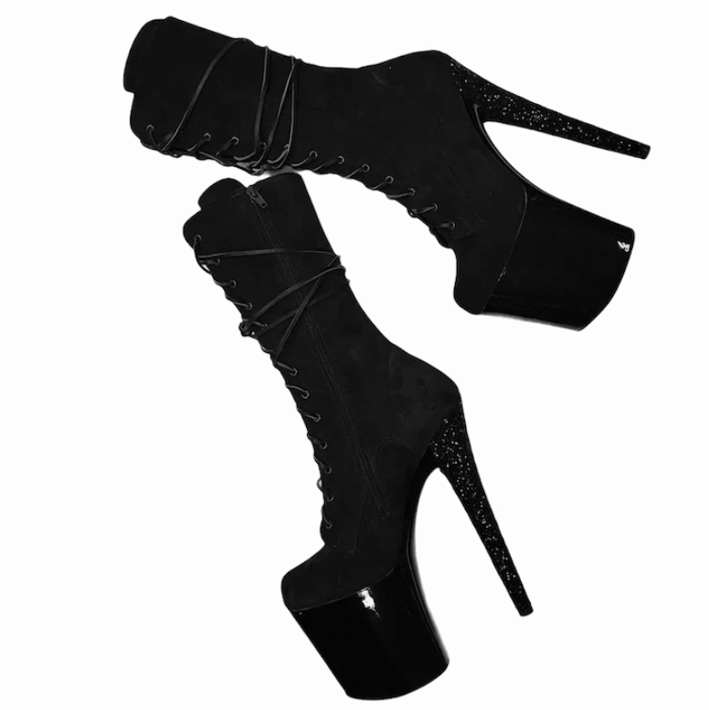 Black suede black glitter heel ankle - mid calf boots