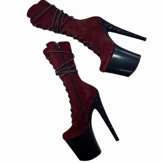 Wine suede glitter heel ankle - mid calf high boots