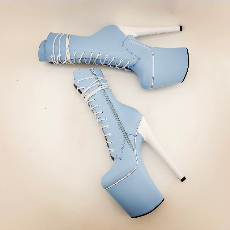 Sky blue white heel genuine leather ankle - mid calf boots