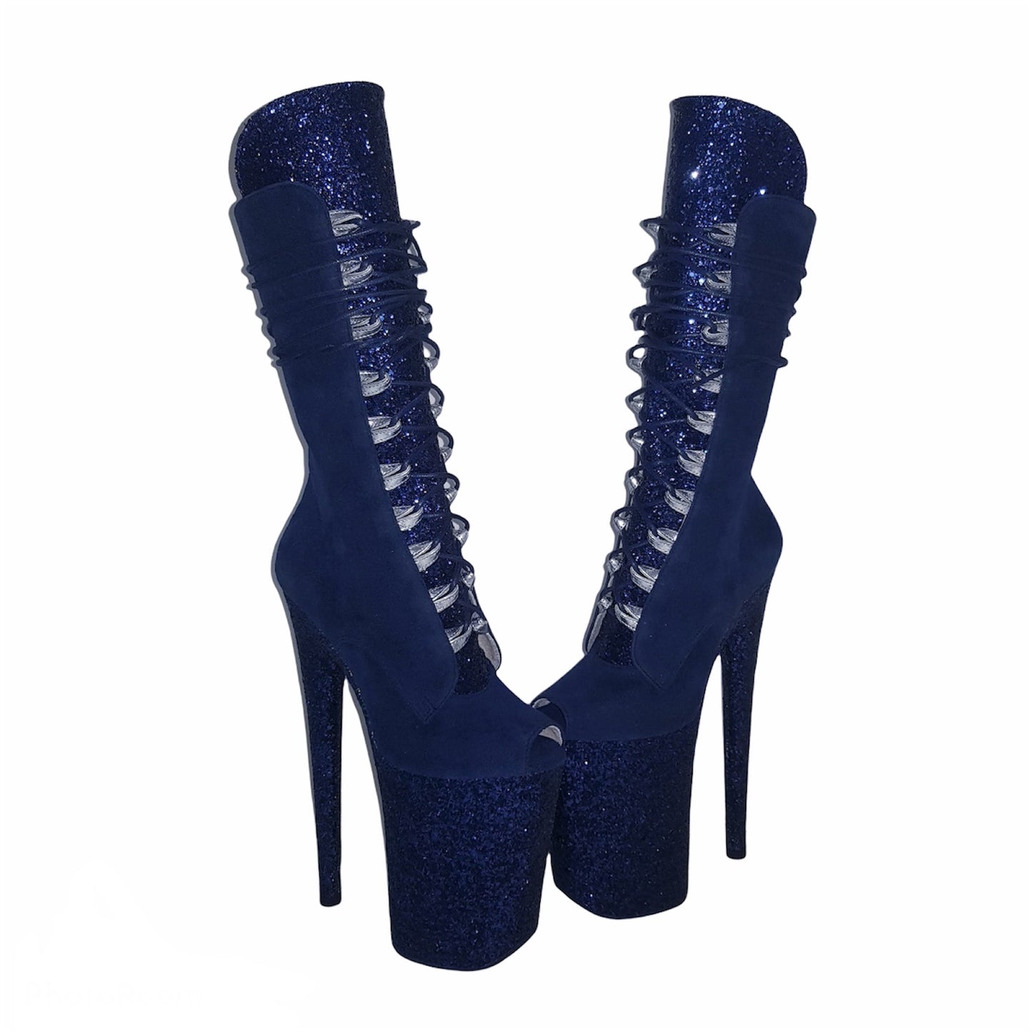 Navy blue vegan suede glitter platform ankle - mid calf boots(more colors are available)