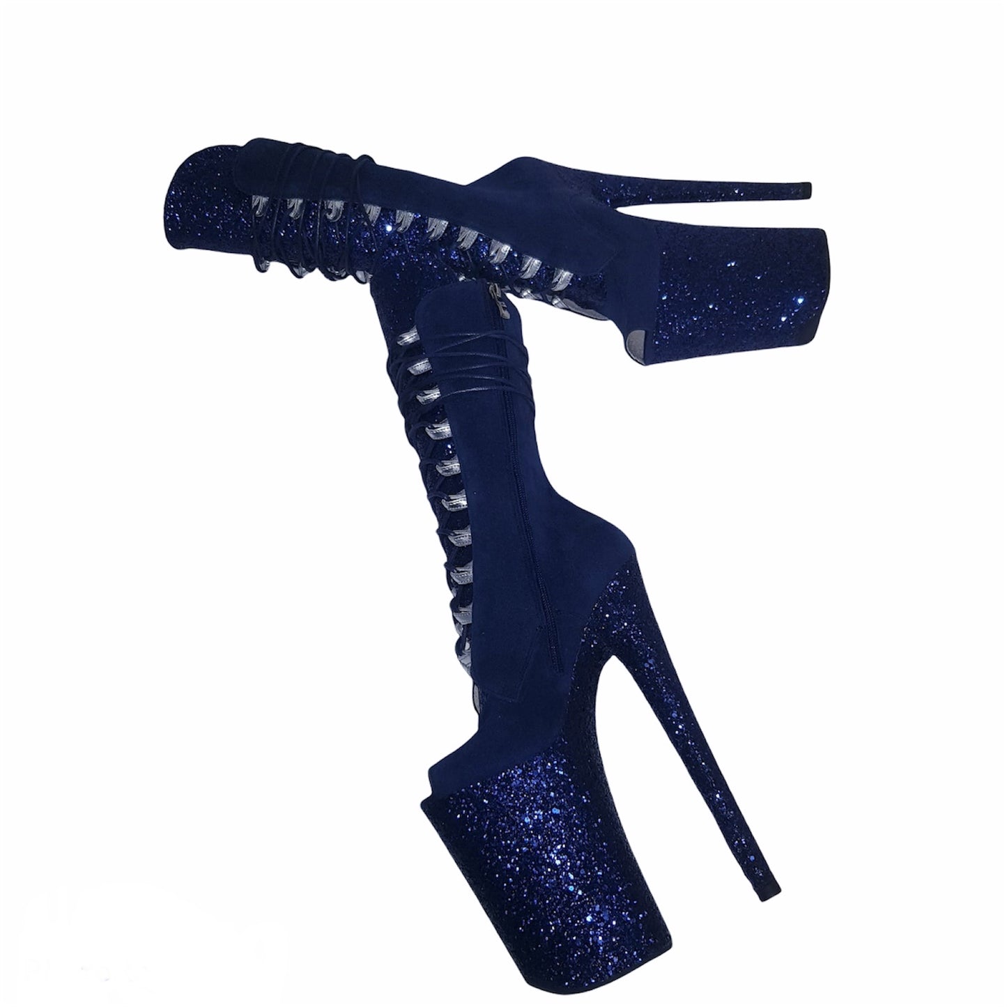 Navy blue vegan suede glitter platform ankle - mid calf boots(more colors are available)