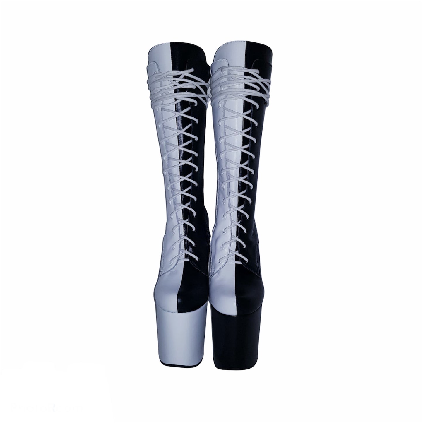 Black and white genuine leather ankle - mid calf boots