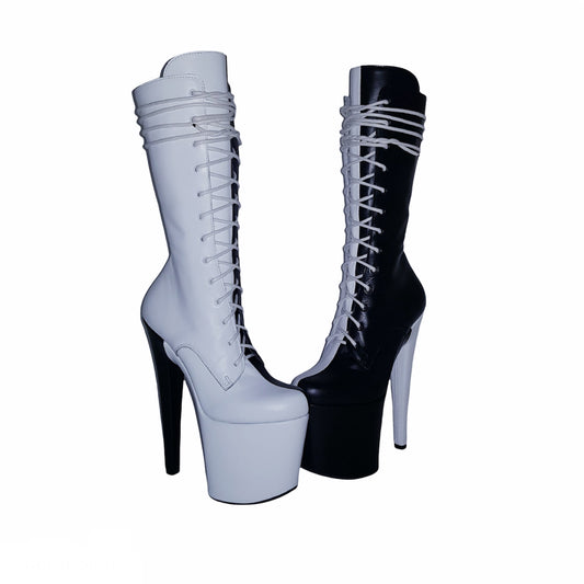 Black and white genuine leather ankle - mid calf boots