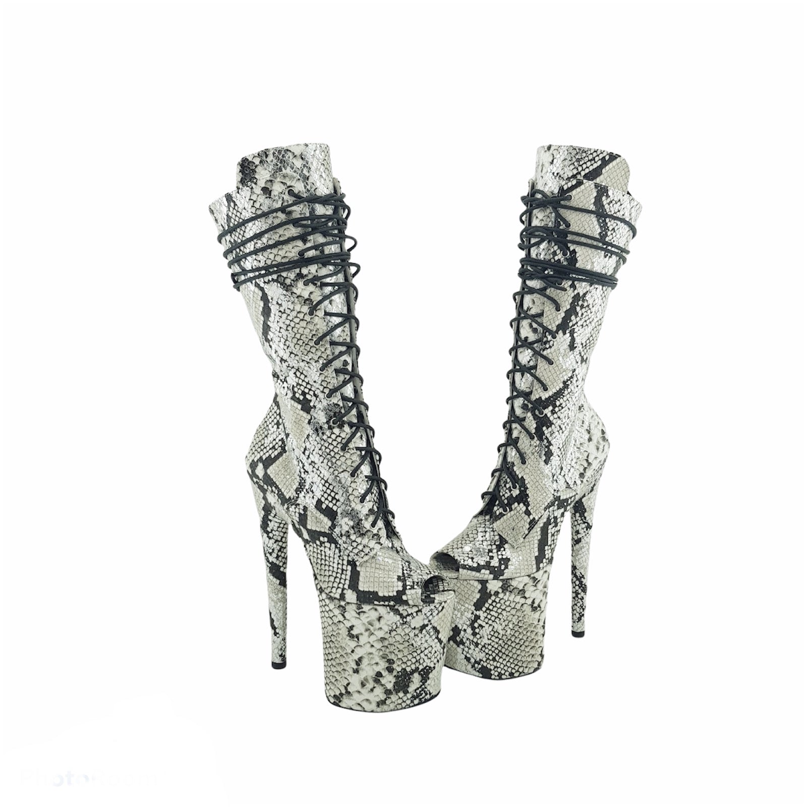 Black and white hotsell snakeskin thigh high boots